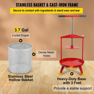Prensa de Vino de Frutas 14 L Prensa de Vino de Uvas con Cesta de Acero Inoxidable Prensa para Vino o Fruta, Marco de Hierro Fundido Revestido con Mango en T Ergonómico y 3 Pies de Apoyo Firmes
