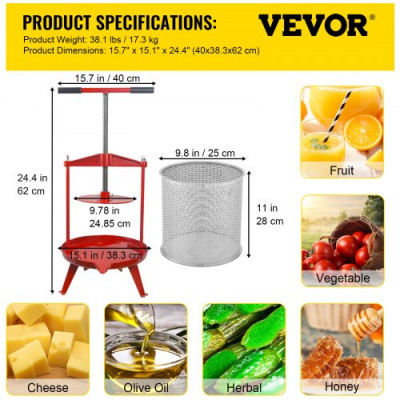 Prensa de Vino de Frutas 14 L Prensa de Vino de Uvas con Cesta de Acero Inoxidable Prensa para Vino o Fruta, Marco de Hierro Fundido Revestido con Mango en T Ergonómico y 3 Pies de Apoyo Firmes