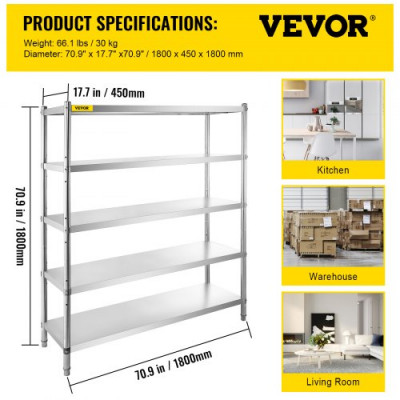 VEVOR Estantería de acero inoxidable Estante de almacenamiento ajustable Estante de almacenamiento de 5 niveles