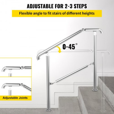 VEVOR Pasamanos Escalera de Acero Inoxidable 304, Barandilla Escalera de 1 a 3, Pasamanos para Escaleras de Color Plata, Pasamanos de Pared Ángulo Ajustable 0-60°, Montaje en Pared Capacidad de 100 kg