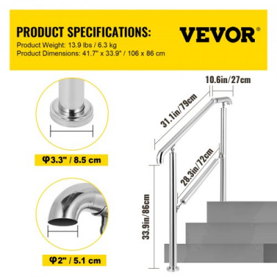 VEVOR Pasamanos Escalera de Acero Inoxidable 304, Barandilla Escalera de 1 a 3, Pasamanos para Escaleras de Color Plata, Pasamanos de Pared Ángulo Ajustable 0-60°, Montaje en Pared Capacidad de 100 kg