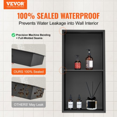 VEVOR Nicho Empotrable para Baño 33,02x63,5 cm Nicho de Ducha Montado en Pared Estante Doble Acero Inoxidable 304 Sellado Impermeable Fácil de Limpiar para Ducha Almacenamiento de Jabón Baño, Negro