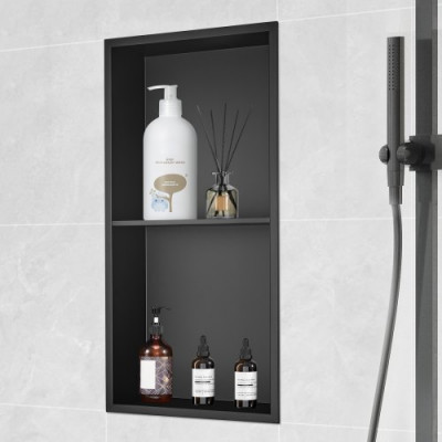 VEVOR Nicho Empotrable para Baño 33,02x63,5 cm Nicho de Ducha Montado en Pared Estante Doble Acero Inoxidable 304 Sellado Impermeable Fácil de Limpiar para Ducha Almacenamiento de Jabón Baño, Negro