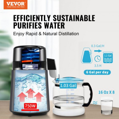 VEVOR Destilador de Agua 4L Máquina de Agua Destilada 1L/h 24 L/día Máquina de Destilación de Agua Interior en Acero Inoxidable de Grado Alimenticio Alta Eficiencia para Purificar Agua del Grifo, Gris