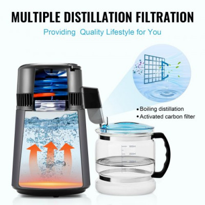 VEVOR Destilador de Agua 4L Máquina de Agua Destilada 1L/h 24 L/día Máquina de Destilación de Agua Interior en Acero Inoxidable de Grado Alimenticio Alta Eficiencia para Purificar Agua del Grifo, Gris