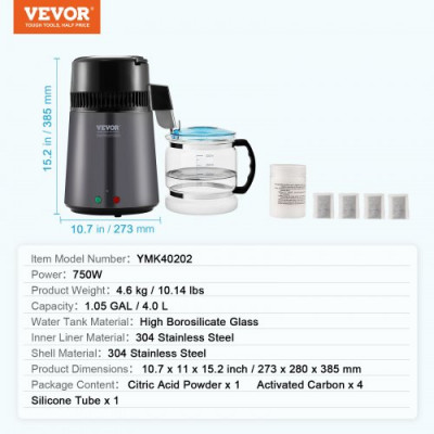 VEVOR Destilador de Agua 4L Máquina de Agua Destilada 1L/h 24 L/día Máquina de Destilación de Agua Interior en Acero Inoxidable de Grado Alimenticio Alta Eficiencia para Purificar Agua del Grifo, Gris