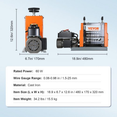 VEVOR Máquina Pelacables Automática de Hierro Fundido 60 W Pelacables Eléctrico Motorizado de 1,5-25 mm Pelacables con Referencia de Profundidad de Pelado Visible, 6 Canales Redondos y 1 Canal Plano