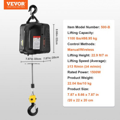 VEVOR 2 en 1 Polipasto Eléctrico 1500W Cabrestante Eléctrico Portátil 498,95 kg Altura de Elevación 7m Velocidad de Elevación 4 m/min Control Remoto Inalámbrico para Garaje Almacén Remolque de Fábrica