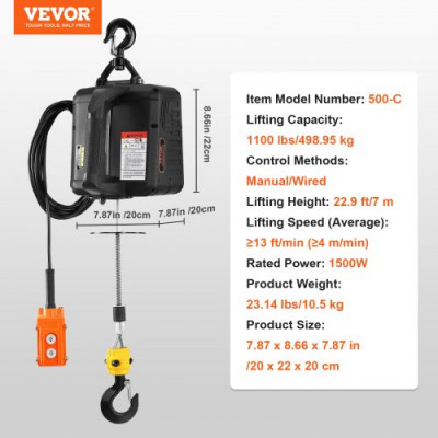 VEVOR Polipasto Eléctrico 2 en 1 Cabrestante Eléctrico 498,95 kg Cabrestante de Elevación 1500 W Altura de Elevación 7 m Velocidad de Elevación 4 m/min Control Remoto con Cable para Garaje Remolque