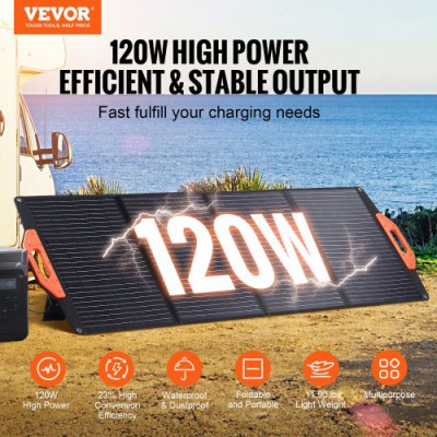 VEVOR Panel Solar Monocristalino Portátil Cargador Solar Plegable 120 W ETFE Panel Solar de Eficiencia del 23% con Tipo C, CC 18 V, Puerto USB QC3.0, IP67 a Prueba de Agua para el Hogar, Fuera de Red