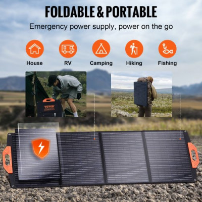 VEVOR Panel Solar Monocristalino Portátil Cargador Solar Plegable 120 W ETFE Panel Solar de Eficiencia del 23% con Tipo C, CC 18 V, Puerto USB QC3.0, IP67 a Prueba de Agua para el Hogar, Fuera de Red