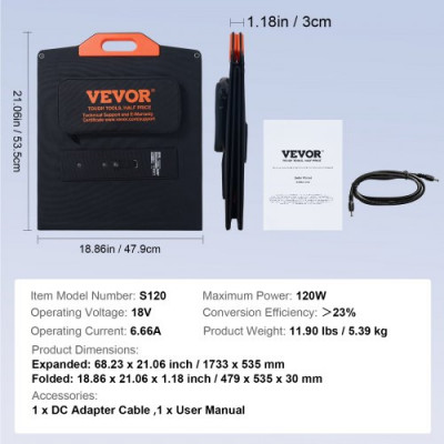 VEVOR Panel Solar Monocristalino Portátil Cargador Solar Plegable 120 W ETFE Panel Solar de Eficiencia del 23% con Tipo C, CC 18 V, Puerto USB QC3.0, IP67 a Prueba de Agua para el Hogar, Fuera de Red