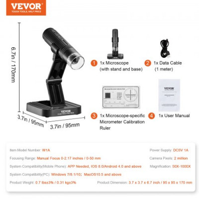 VEVOR Microscopio Digital Portátil WiFi USB Endoscopio de Aumento 50X-1000X Funciones de Foto y Video Conectado a PC Teléfono Móvil Compatible con IOS 8.0/Android 4.0 Observación en Exteriores