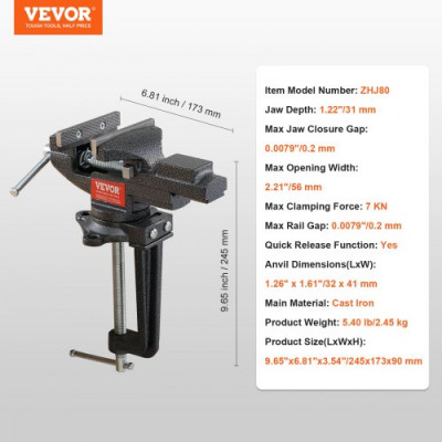 VEVOR Tornillo de Banco con Apertura de Mandíbula 56 mm Tornillo de Banco de Mesa de Doble Propósito con Abrazadera de Yunque con Mandíbula Multifuncional Base Giratoria 360° para Carpintería, Taller