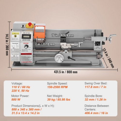 Mini Torno de Metal, 7" x 16", 800W Torno de Precisión de Sobremesa, 150-2500 RPM Velocidad Variable Continua, con 3,9" Caja de Herramientas de 3 Mandíbulas para Procesar Piezas de Precisión