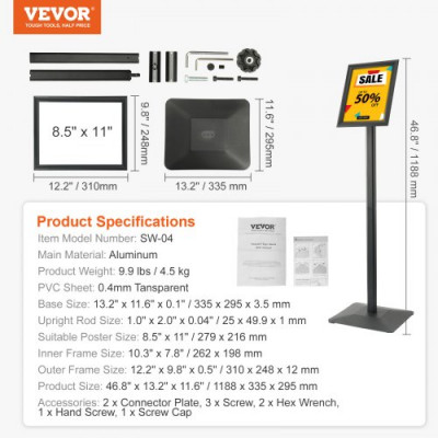 VEVOR Soporte para Carteles 279x216 mm Soporte de Exhibición Independiente Tabla de Anuncios de Aluminio Ángulo Ajustable con Base de Metal Estable y Lámina de PVC Impermeable para Información de Menú