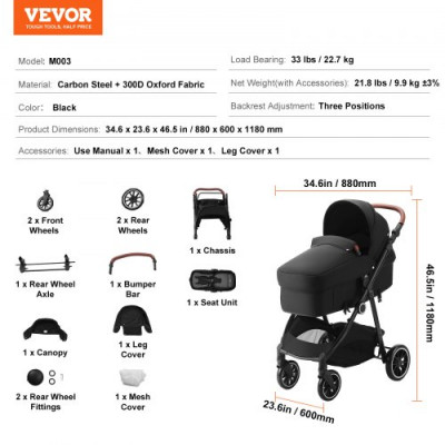 VEVOR Cochecito de bebé estándar, cochecito para niños con moisés, respaldo ajustable, asiento plegable reversible para recién nacidos de acero al carbono con cubierta para piernas y red de malla, neg