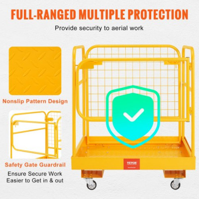 VEVOR Jaula de Seguridad Carretilla Elevadora Carga 544kg Plataforma de Trabajo Plegable 92x92cm 1-2 personas Ruedas Giratorias Bloqueables Cadena de Drenaje con Orificio Seguridad para Trabajo Aéreo