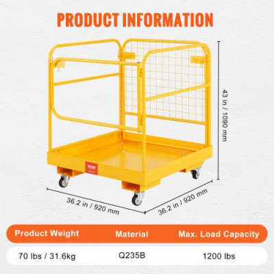 VEVOR Jaula de Seguridad Carretilla Elevadora Carga 544kg Plataforma de Trabajo Plegable 92x92cm 1-2 personas Ruedas Giratorias Bloqueables Cadena de Drenaje con Orificio Seguridad para Trabajo Aéreo