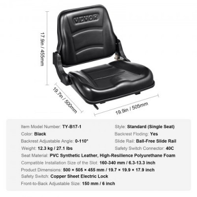 VEVOR Asiento Universal para Carretilla Elevadora Asiento Plegable para Tractor con Respaldo de Ángulo Ajustable Microinterruptor Ranura Extendida Asiento Cómodo 160-340 mm para Excavadora y Cargadora