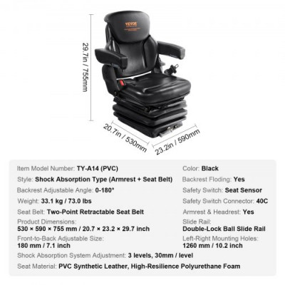 VEVOR Asiento Universal para carretilla elevadora, asiento ajustable para Tractor con reposabrazos con cinturón de seguridad