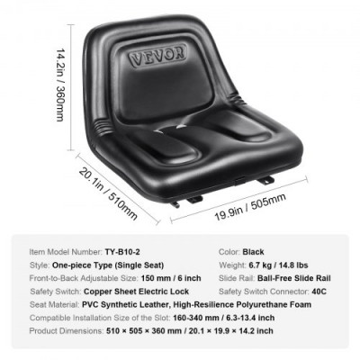 VEVOR Asiento Universal para Carretilla Elevadora Asiento de Tractor con Microinterruptor Orificios de Drenaje Ranura Extendida 160-340 mm Asiento Cómodo para Cargadora Excavadora Cortacésped