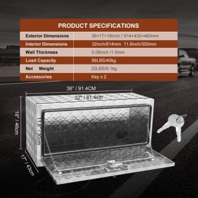 VEVOR Caja de Herramientas para Camión 91,4x43x46 cm Caja de Bastidor Inferior Caja de Almacenamiento de Aleación de Aluminio Montaje Inferior con Cerradura y Llaves para Remolques, Camionetas