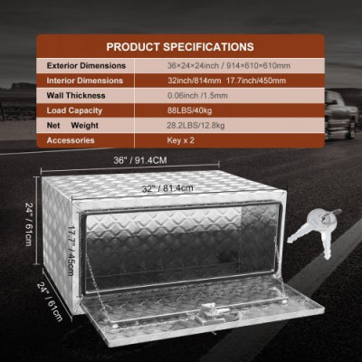 VEVOR Caja de Herramientas para Camión 91,4x61x61 cm Caja de Bastidor Inferior Caja de Almacenamiento de Aleación de Aluminio Montaje Inferior con Cerradura y Llaves para Remolques, Camionetas