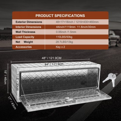 VEVOR Caja de Herramientas para Camión 121,9x43x46 cm Caja de Bastidor Inferior Caja de Almacenamiento de Aleación de Aluminio Montaje Inferior con Cerradura y Llaves para Remolques, Camionetas