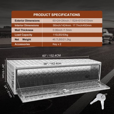 VEVOR Caja de Herramientas para Camión 152,4x61x61 cm Caja de Bastidor Inferior Caja de Almacenamiento de Aleación de Aluminio Montaje Inferior con Cerradura y Llaves para Remolques, Camionetas