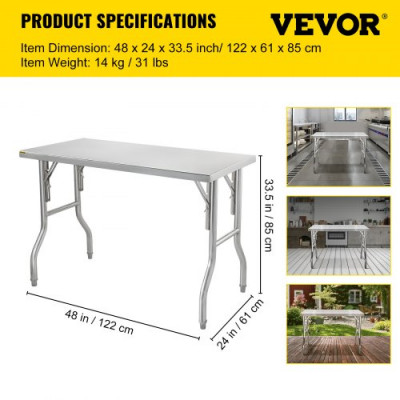 Mesa De Preparación Mesa de Trabajo Cocina 1220 x 610 x 850 mm Mesa de Trabajo Acero Inoxidable Capacidad de 300 kg Mesa Acero Inoxidable