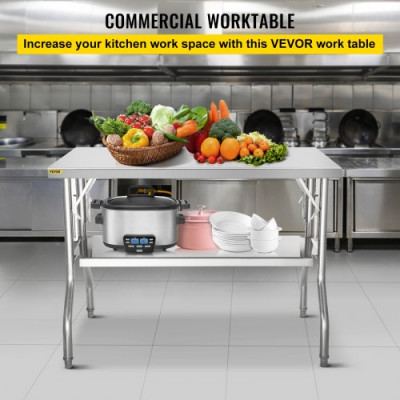 VEVOR Mesa De Preparación Mesa de Trabajo Cocina 1220 x 610 x 850mm Mesa de Trabajo Plegable de Acero Inoxidable con Estante Extraíble 350kg Carga