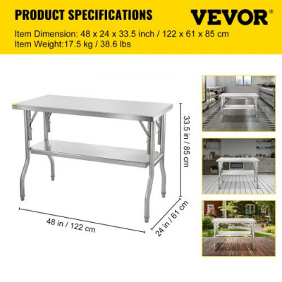 VEVOR Mesa De Preparación Mesa de Trabajo Cocina 1220 x 610 x 850mm Mesa de Trabajo Plegable de Acero Inoxidable con Estante Extraíble 350kg Carga