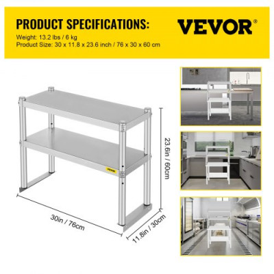 VEVOR Estante doble de acero inoxidable de 2 niveles, 12