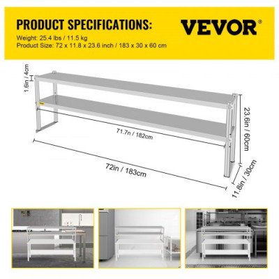 VEVOR Estante doble de acero inoxidable de 2 niveles, 12