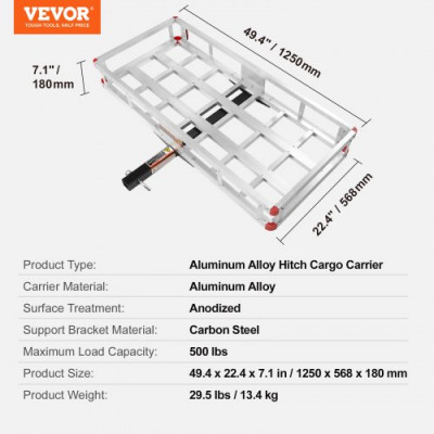 VEVOR Portador de carga con montaje de enganche 49.4x22.4x7.1 en aluminio de 500 lb para receptor de 2