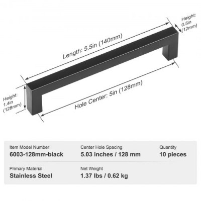 VEVOR 10 tiradores cuadrados para gabinetes de cocina de acero inoxidable 128 mm