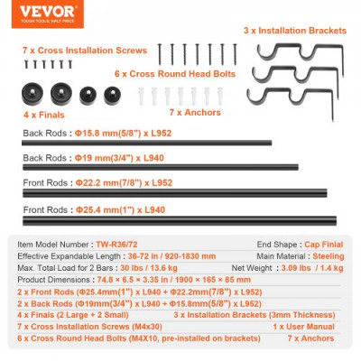 VEVOR Barras de cortina de doble varilla, 36-72 pulgadas longitud ajustable