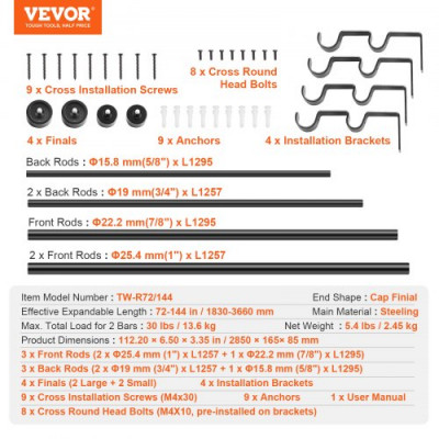 VEVOR Barras de cortina de doble varilla 6-12 pies longitud ajustable