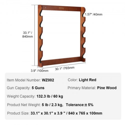 Estante para armas VEVOE, estante para armas de madera con 5 ranuras, estante de exhibición para armas de montaje en pared, con capacidad para 5 rifles