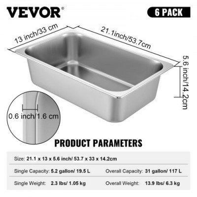 VEVOR Bandeja Rectangular de Acero Inoxidable, 50 x 30 x 15 CM, 6 Unidades Bandeja Honda Rectangular para Servir, Bandeja Profunda para Horno, Bandeja de Acero Inoxidable, Bandeja para Arroz al Vapor