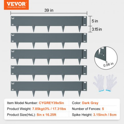 VEVOR Borde de Acero para Jardín, 5 Piezas Borde de Metal para Césped, 99 x 12,7 cm, Punta de Instalación Simple, Altura de 8 cm, Tiras Plegables Resistentes para Patio, Jardín, Césped, Gris Oscuro