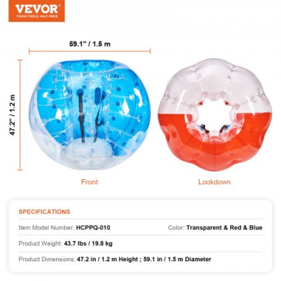 VEVOR Bola de Choque Inflable 2 Piezas 1,5m x 1,2m Bola de Colisión Humana Bola de Rebote de Burbuja de Cuerpo de PVC para Actividades al Aire Libre Rojo+Azul+Bola de Parachoques Inflable Transparente