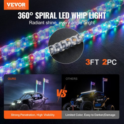 VEVOR 2 Piezas de Luz de Látigo, Luz de Látigo LED con Aplicación y Control Remoto RF, Luz de Látigo RGB en Espiral de 360° Impermeable con 4 Banderas, Luz de Látigo LED de 914,4 mm para UTV, ATV, RZR