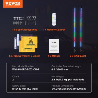 VEVOR 2 Piezas de Luz de Látigo, Luz de Látigo LED con Aplicación y Control Remoto RF, Luz de Látigo RGB en Espiral de 360° Impermeable con 4 Banderas, Luz de Látigo LED de 914,4 mm para UTV, ATV, RZR