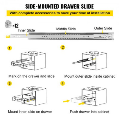 Guías para Cajones 2PCS Rieles para Cajones 91x5,3x1,92 cm Carriles para Cajones Acero Laminado en Frío Carga 113 kg Correderas para Cajones Guías Laterales para Cajones con Rodamiento de Bolas