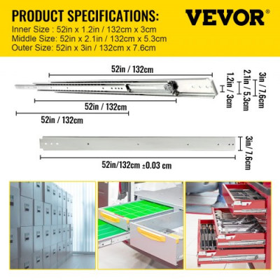 Guía para Cajones 132,08x7,6x1,9cm Riel para Cajón Extracción Total 264,16cm Carril para Cajón Acero Laminado en Frío Corredera para Cajón Carga 225kg con Rodamiento de Bolas Armario 2PCS