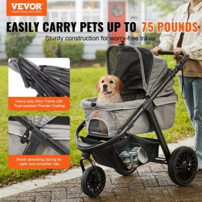 VEVOR Cochecito para Perros 3 Ruedas Giratorias de PU con Freno Cochecito para Mascotas Carga de 34 kg Cochecito para Gatos Portavasos Cesta de Almacenamiento Cojín para Perros Pequeños/Medianos, Gris