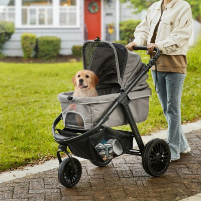 VEVOR Cochecito para Perros 3 Ruedas Giratorias de PU con Freno Cochecito para Mascotas Carga de 34 kg Cochecito para Gatos Portavasos Cesta de Almacenamiento Cojín para Perros Pequeños/Medianos, Gris