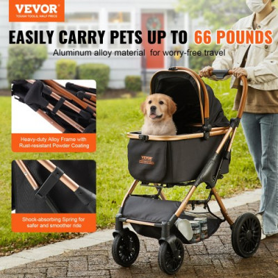 VEVOR Cochecito para Perros 4 Ruedas Giratorias con Freno Cochecito para Mascotas Carga 30 kg Cochecito para Gatos Soporte Extraíble Cesta de Almacenamiento Cojín para Perros Pequeños/Medianos, Negro